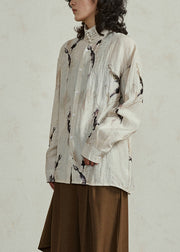 Natural Khaki Stand Collar Button T Shirts Lantern Sleeve