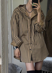 Natural Khaki Striped Button Hooded Shirts Spring