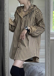 Natural Khaki Striped Button Hooded Shirts Spring
