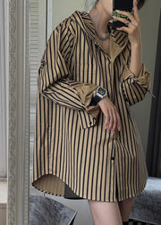 Natural Khaki Striped Button Hooded Shirts Spring