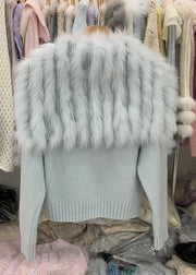 Natural Light Blue Fox Collar Zippered Patchwork Cotton Knit Cardigans Winter