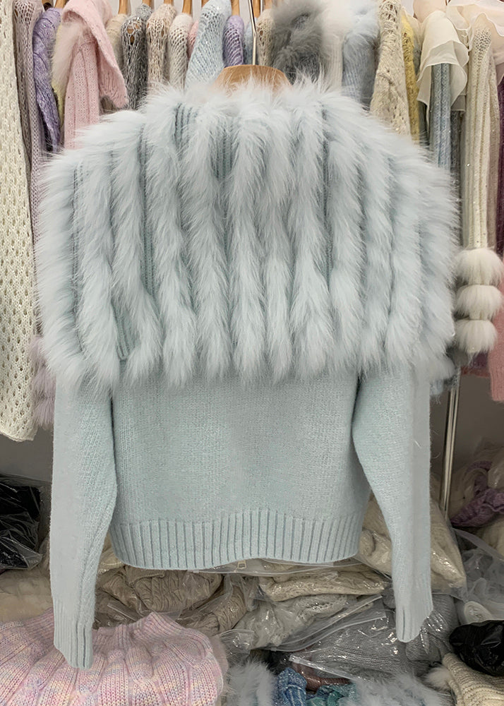 Natural Light Blue Fox Collar Zippered Patchwork Cotton Knit Cardigans Winter