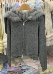 Natural Light Blue Fox Collar Zippered Patchwork Cotton Knit Cardigans Winter