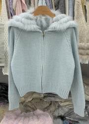 Natural Light Blue Fox Collar Zippered Patchwork Cotton Knit Cardigans Winter