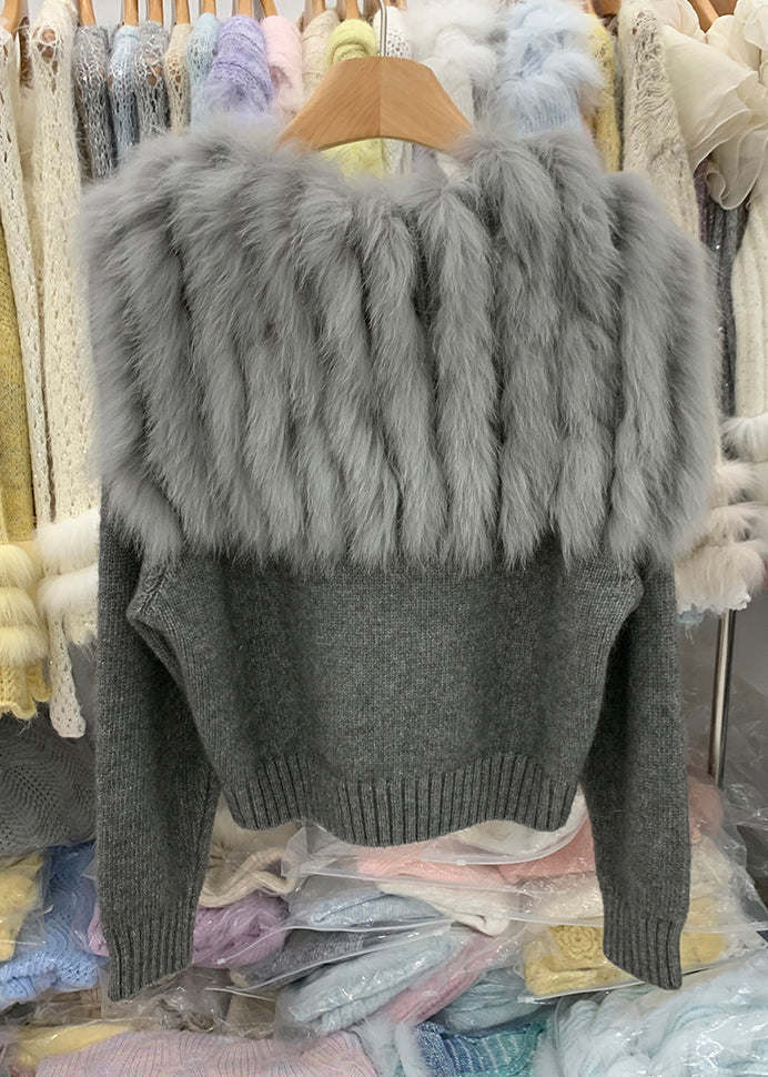 Natural Light Blue Fox Collar Zippered Patchwork Cotton Knit Cardigans Winter