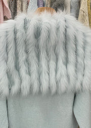 Natural Light Blue Fox Collar Zippered Patchwork Cotton Knit Cardigans Winter