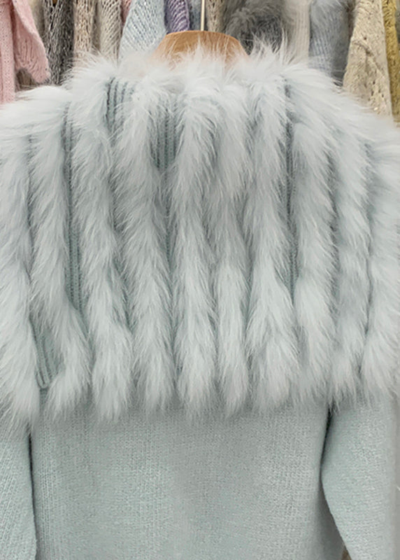 Natural Light Blue Fox Collar Zippered Patchwork Cotton Knit Cardigans Winter