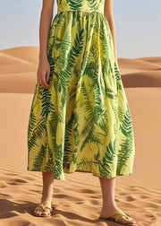 Natural Light Green Leaf Print Cotton Holiday Dress Sleeveless