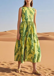 Natural Light Green Leaf Print Cotton Holiday Dress Sleeveless