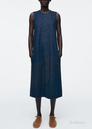 Natural Navy Backless Lace Up Denim A Line Dresses Sleeveless
