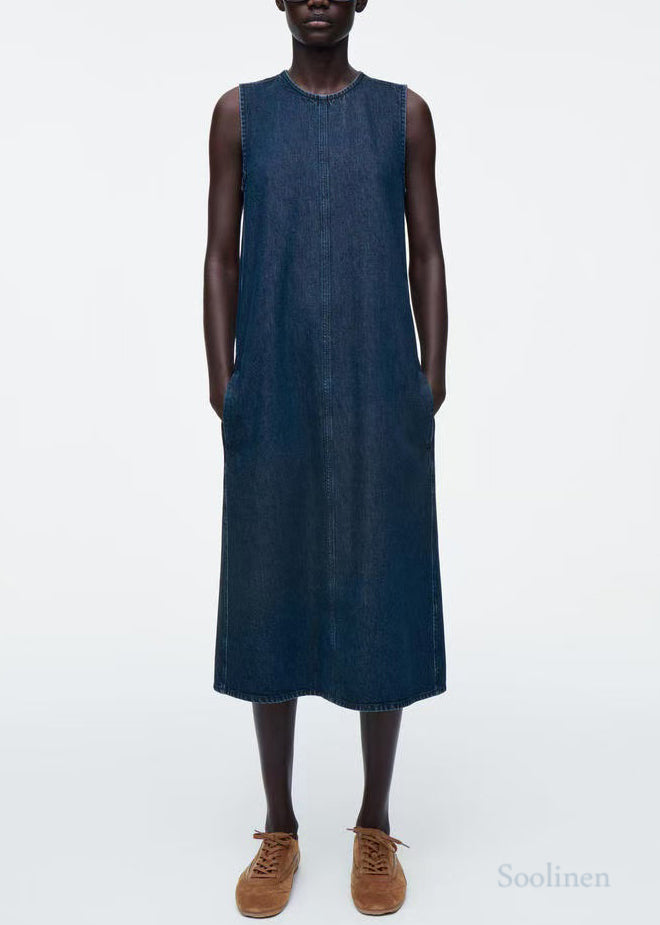 Natural Navy Backless Lace Up Denim A Line Dresses Sleeveless