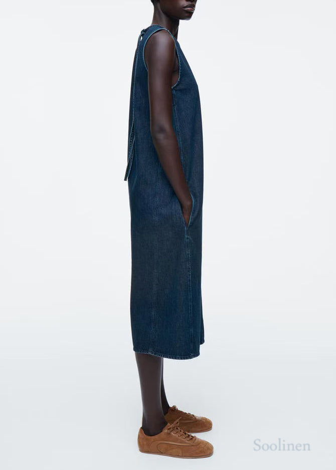 Natural Navy Backless Lace Up Denim A Line Dresses Sleeveless