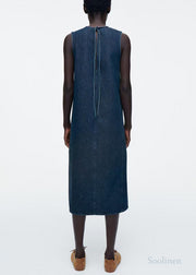 Natural Navy Backless Lace Up Denim A Line Dresses Sleeveless
