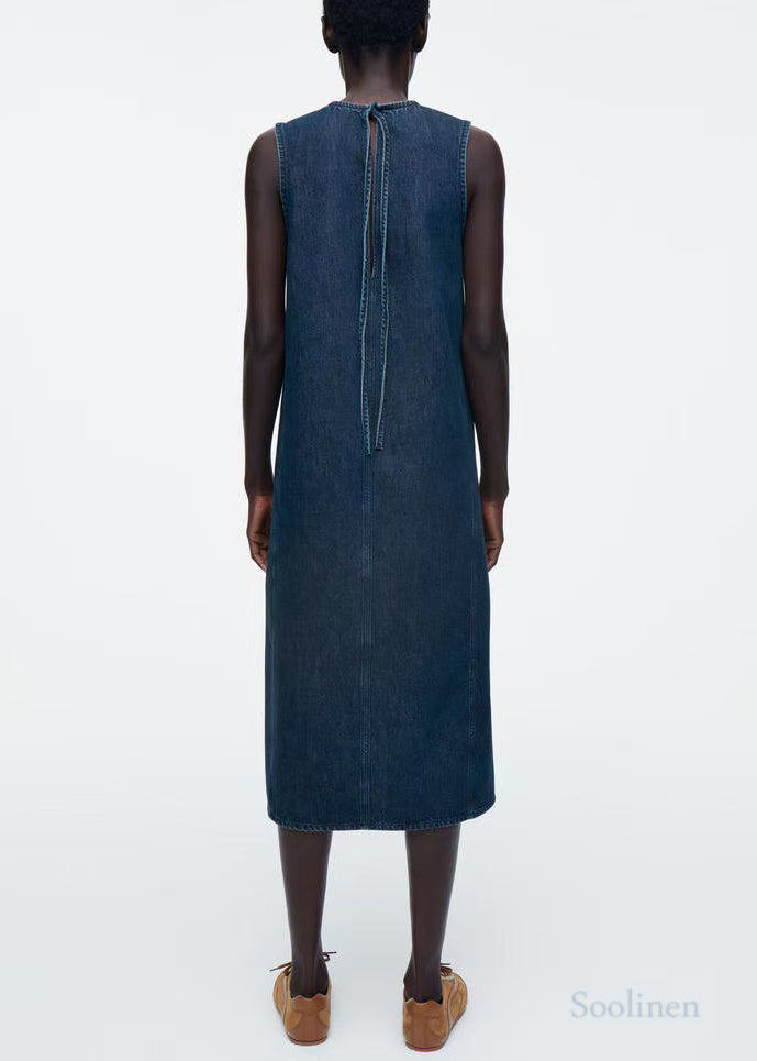 Natural Navy Backless Lace Up Denim A Line Dresses Sleeveless
