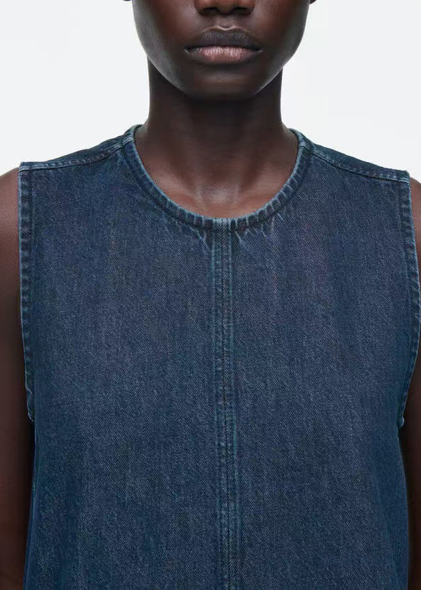 Natural Navy Backless Lace Up Denim A Line Dresses Sleeveless
