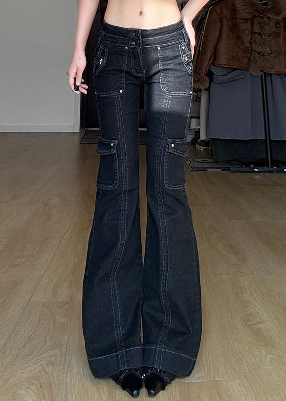 Natural Navy Patchwork Nail Bead High Waist Denim Flared Trousers