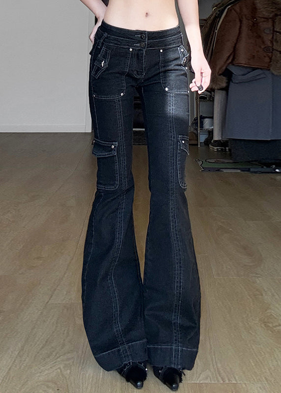 Natural Navy Patchwork Nail Bead High Waist Denim Flared Trousers
