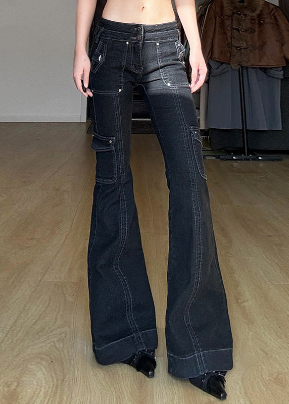 Natural Navy Patchwork Nail Bead High Waist Denim Flared Trousers