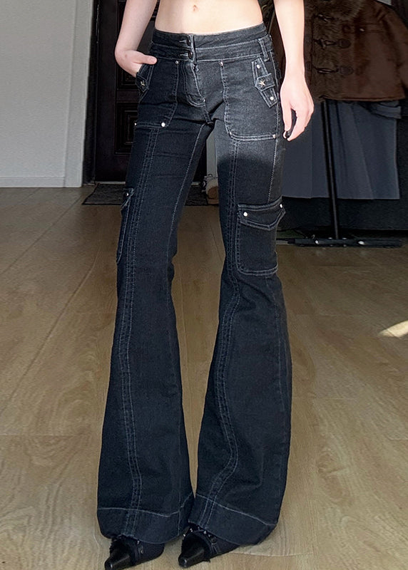 Natural Navy Patchwork Nail Bead High Waist Denim Flared Trousers