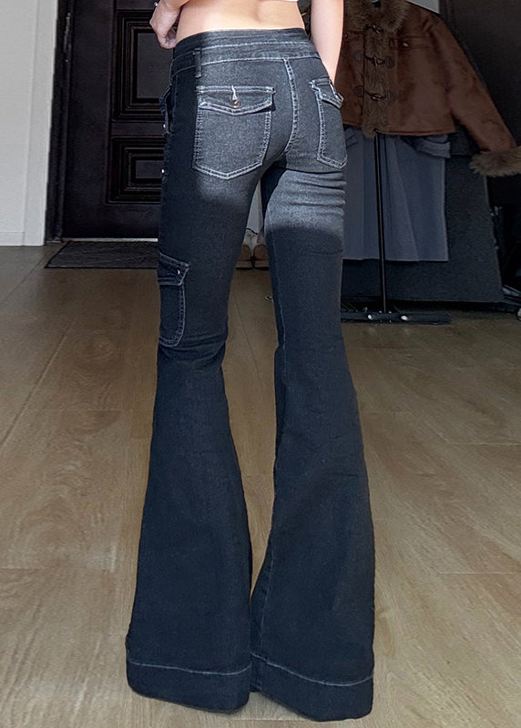 Natural Navy Patchwork Nail Bead High Waist Denim Flared Trousers