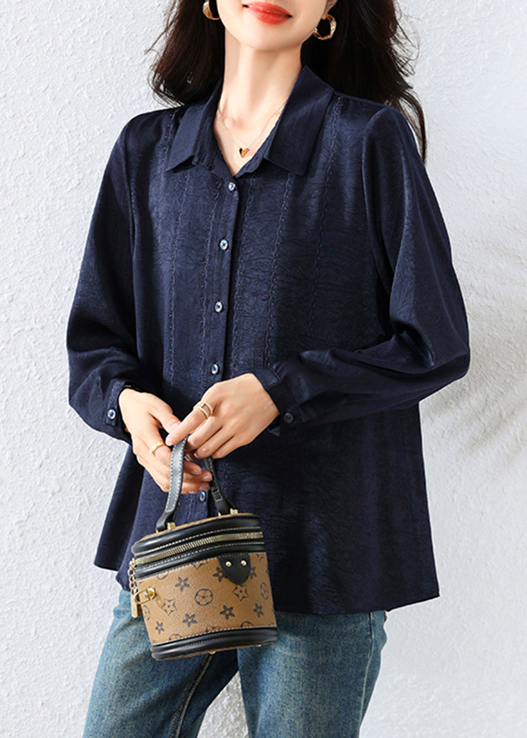 Natural Navy Peter Pan Collar Jacquard Cotton Blouse Tops Fall