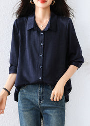 Natural Navy Peter Pan Collar Jacquard Cotton Blouse Tops Fall