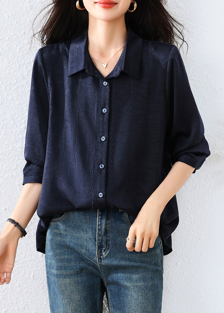 Natural Navy Peter Pan Collar Jacquard Cotton Blouse Tops Fall