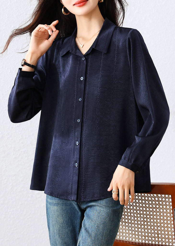Natural Navy Peter Pan Collar Jacquard Cotton Blouse Tops Fall