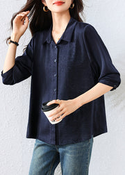 Natural Navy Peter Pan Collar Jacquard Cotton Blouse Tops Fall