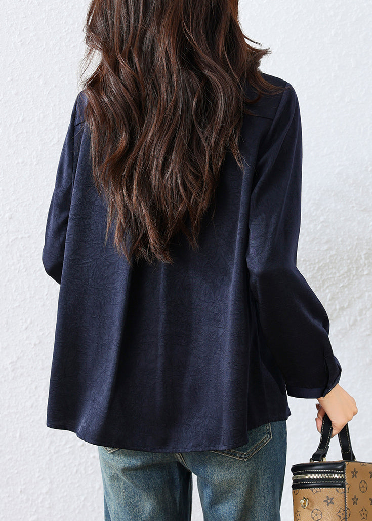 Natural Navy Peter Pan Collar Jacquard Cotton Blouse Tops Fall
