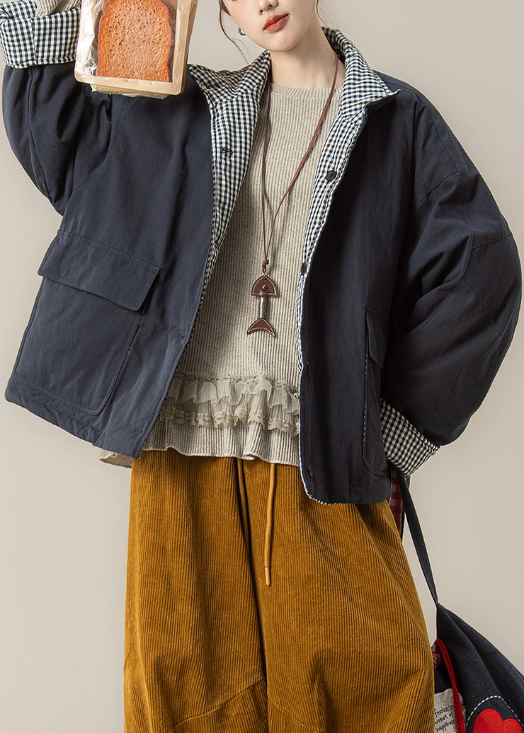 Natural Navy Plaid Wear On Both Sides Fine Cotton Filled Puffers Jackets Winter