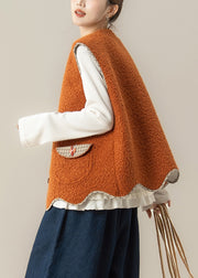 Natural Orange O-Neck Asymmetrical Faux Fur Waistcoat And Top Two Pieces Set Winter