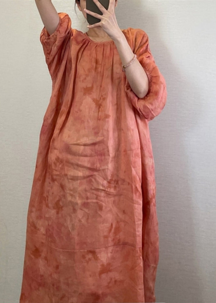 Natural Orange O-Neck Tie Dye Maxi Dress Lantern Sleeve