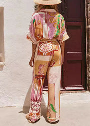 Natural Peter Pan Collar Print Shirts And Wide Leg Pants Two Pieces Set Short Sleeve