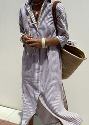 Natural Pink Peter Pan Collar Striped Side Open Button Maxi Dresses Fall