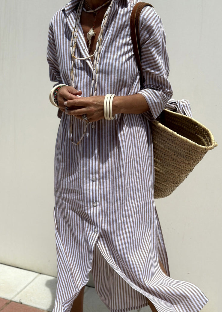 Natural Pink Peter Pan Collar Striped Side Open Button Maxi Dresses Fall