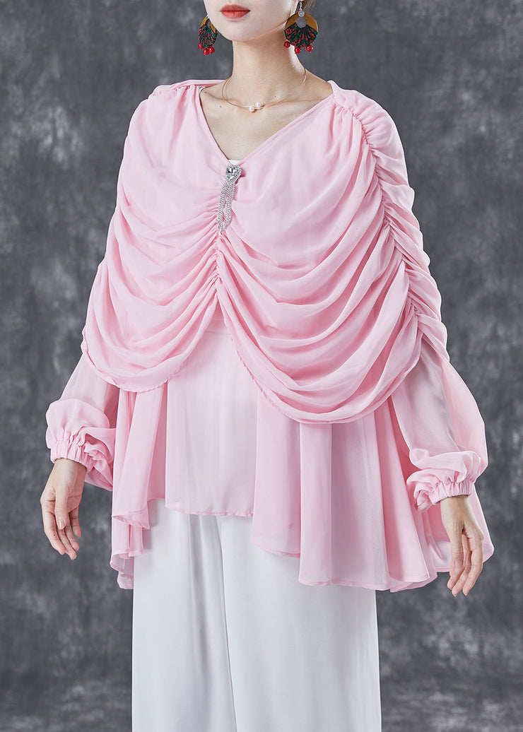 Natural Pink V Neck Wrinkled Chiffon Tops Summer
