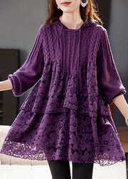 Natural Purple Lace Patchwork Hooded Knit Top Spring