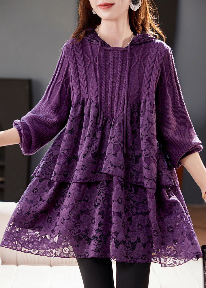 Natural Purple Lace Patchwork Hooded Knit Top Spring