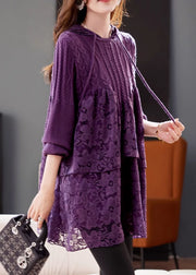 Natural Purple Lace Patchwork Hooded Knit Top Spring
