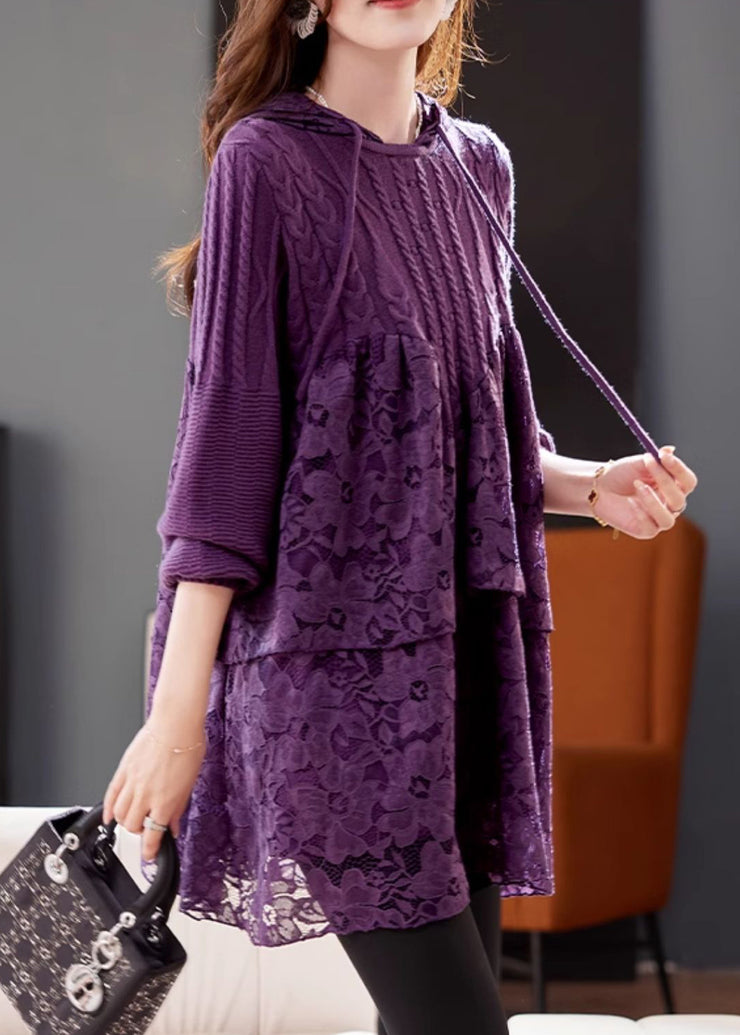 Natural Purple Lace Patchwork Hooded Knit Top Spring