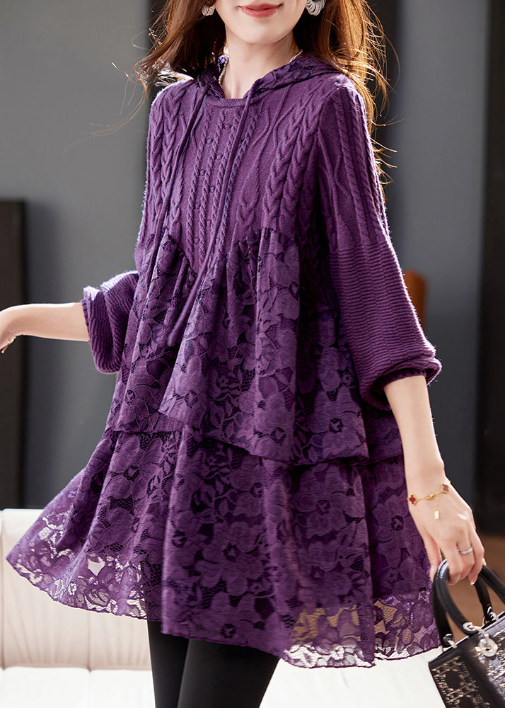 Natural Purple Lace Patchwork Hooded Knit Top Spring