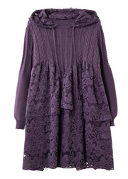 Natural Purple Lace Patchwork Hooded Knit Top Spring