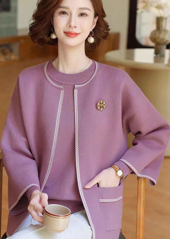 Natural Purple Patchwork Pockets Cotton Knit Cardigans And Sweater Two-Piece Set Fall