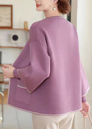 Natural Purple Patchwork Pockets Cotton Knit Cardigans And Sweater Two-Piece Set Fall