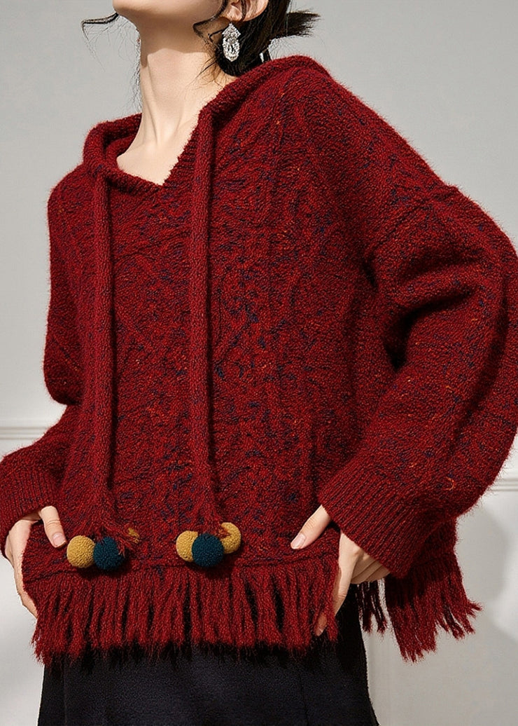 Natural Red Drawstring Cotton Knit Hooded Sweater Fall