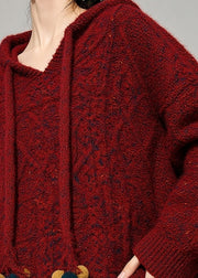 Natural Red Drawstring Cotton Knit Hooded Sweater Fall