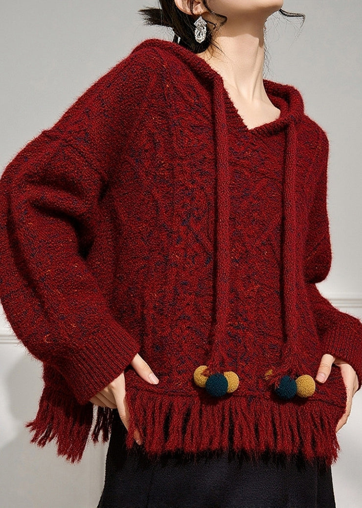 Natural Red Drawstring Cotton Knit Hooded Sweater Fall
