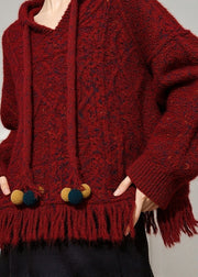 Natural Red Drawstring Cotton Knit Hooded Sweater Fall