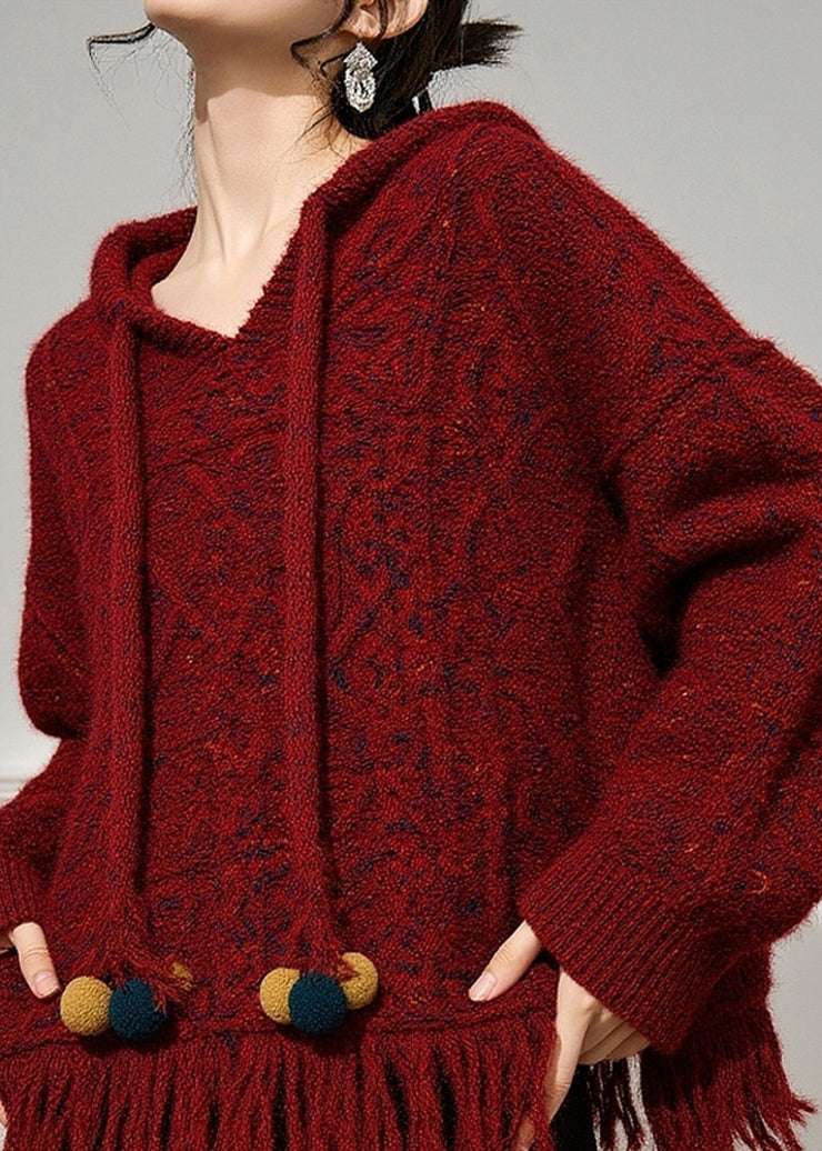 Natural Red Drawstring Cotton Knit Hooded Sweater Fall